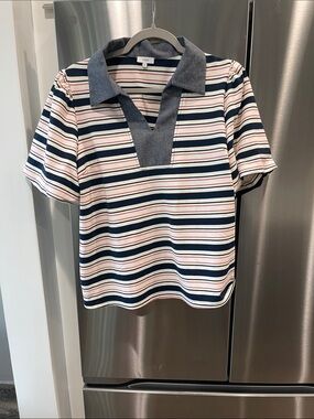 VOY Navy, White & Red Striped Short-Sleeve Polo Top